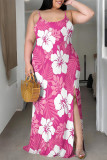 Sexy Flowers Print Slit Contrast U Neck Printed Plus Size Dresses