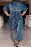 Casual Faux Denim Print Pocket Contrast O Neck Printed Plus Size Dresses