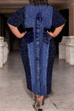 Casual Faux Denim Print Pocket Contrast O Neck Printed Plus Size Dresses
