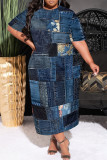 Casual Faux Denim Print Pocket Contrast O Neck Printed Plus Size Dresses