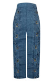 Casual Faux Denim Print Pocket Contrast Loose High Waist Wide Leg Full Print Bottoms