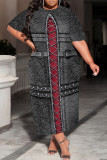 Casual Faux Denim Print Pocket Contrast O Neck Printed Plus Size Dresses