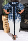 Casual Faux Denim Print Pocket Contrast O Neck Printed Plus Size Dresses