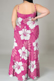 Sexy Flowers Print Slit Contrast U Neck Printed Plus Size Dresses