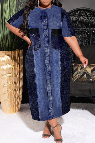 Casual Faux Denim Print Pocket Contrast O Neck Printed Plus Size Dresses