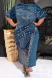 Casual Faux Denim Print Pocket Contrast O Neck Printed Plus Size Dresses