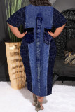 Casual Faux Denim Print Pocket Contrast O Neck Printed Plus Size Dresses