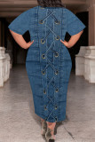 Casual Faux Denim Print Pocket Contrast O Neck Printed Plus Size Dresses