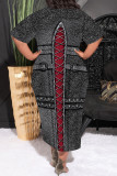 Casual Faux Denim Print Pocket Contrast O Neck Printed Plus Size Dresses