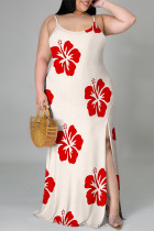 Sexy Flowers Print Slit Contrast U Neck Printed Plus Size Dresses