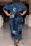Casual Faux Denim Print Pocket Contrast O Neck Printed Plus Size Dresses