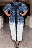 Casual Faux Denim Print Pocket Contrast O Neck Printed Plus Size Dresses