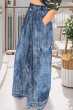 Casual Faux Denim Print Pocket Contrast Loose High Waist Wide Leg Full Print Bottoms