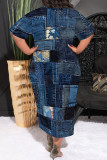 Casual Faux Denim Print Pocket Contrast O Neck Printed Plus Size Dresses
