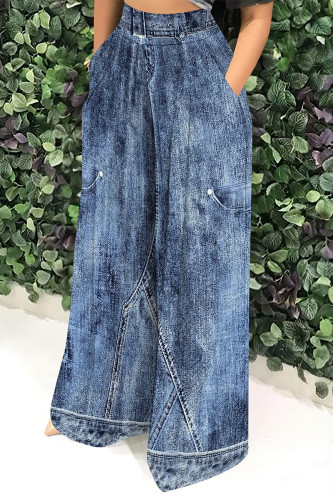 Casual Faux Denim Print Pocket Contrast Loose High Waist Wide Leg Full Print Bottoms