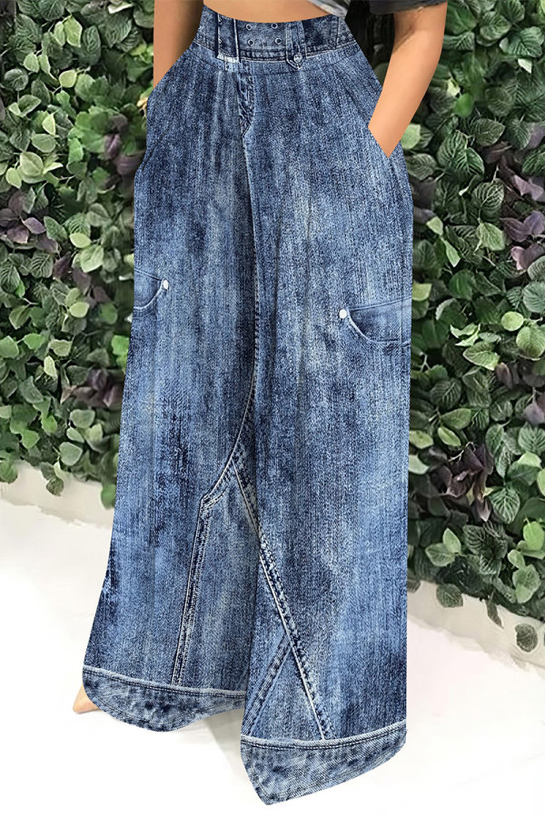 Casual Faux Denim Print Pocket Contrast Loose High Waist Wide Leg Full Print Bottoms