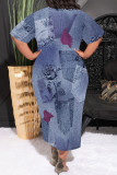 Casual Faux Denim Print Pocket Contrast O Neck Printed Plus Size Dresses
