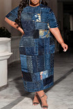 Casual Faux Denim Print Pocket Contrast O Neck Printed Plus Size Dresses