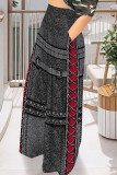 Casual Faux Denim Print Pocket Contrast Loose High Waist Wide Leg Full Print Bottoms