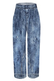 Casual Faux Denim Print Pocket Contrast Loose High Waist Wide Leg Full Print Bottoms