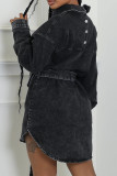 Casual Solid Color Pocket Buckle Patchwork Turndown Collar Long Sleeve Regular Denim Jacket