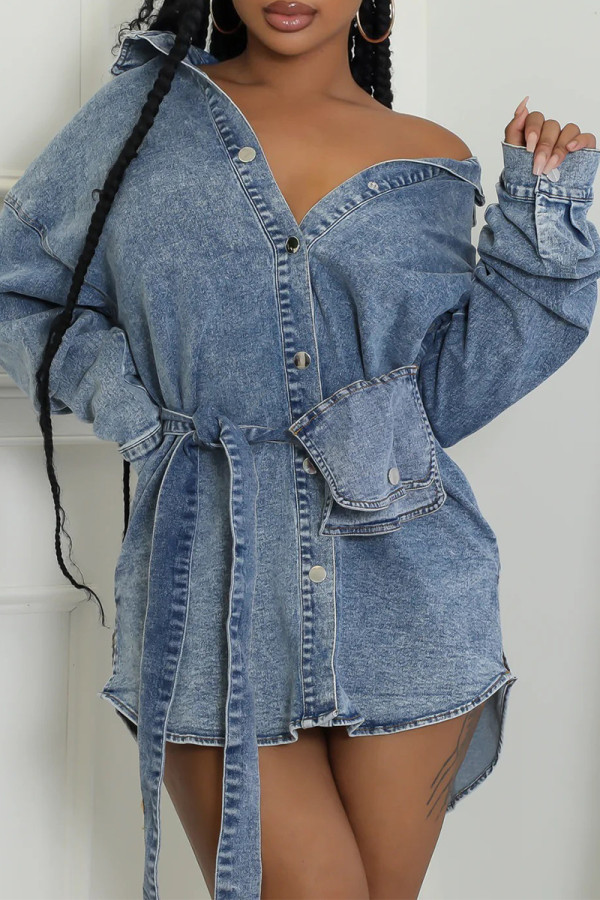Casual Solid Color Pocket Buckle Patchwork Turndown Collar Long Sleeve Regular Denim Jacket