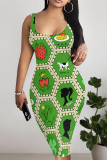 Sexy Plaid Graffiti Print Four Leaf Clover Contrast U Neck Printed Dresses