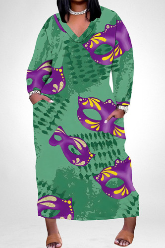 Casual Graffiti Print Mask Pocket Contrast V Neck Printed Plus Size Dresses