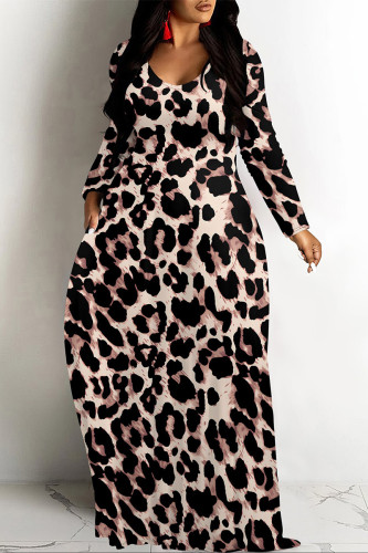 Casual Leopard Print Pocket Contrast O Neck Printed Dresses