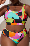 Sexy Print Patchwork U Neck Plus Size Swimwear