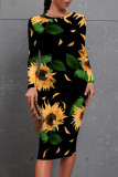 Elegant Floral Print Contrast O Neck Printed Dresses