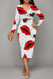 Elegant Love Print Lips Contrast V Neck Printed Dresses