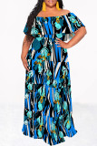 Sexy Geometric Print Ruffle Contrast Off Shoulder Printed Dresses