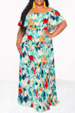 Sexy Geometric Print Ruffle Contrast Off Shoulder Printed Dresses