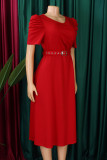 Casual Solid Color Ruched With Belt Zipper O Neck Long Dresses