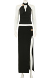 Sexy Solid Color Hollow Out Patchwork High Slit O Neck Sleeveless Two Pieces