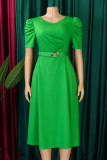 Casual Solid Color Ruched With Belt Zipper O Neck Long Dresses