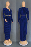 Casual Stripe Patchwork V Neck Long Dresses