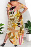 Sexy Floral Print Pocket Slit Contrast O Neck Printed Plus Size Dresses