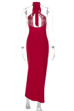 Sexy Solid Color Hollow Out Patchwork Backless O Neck Long Dresses