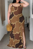 Sexy Camouflage Print Gradient Slit Contrast U Neck Printed Plus Size Dresses