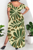 Sexy Floral Print Pocket Slit Contrast O Neck Printed Plus Size Dresses
