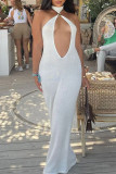 Sexy Solid Color Hollow Out Patchwork Backless O Neck Long Dresses