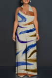 Casual Geometric Print Pocket Lace Up Backless Contrast Halter Loose Jumpsuits