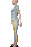 Casual Plaid Pocket Patchwork O Neck Short Sleeve Two Pieces