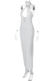 Sexy Solid Color Hollow Out Patchwork Backless O Neck Long Dresses