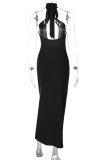 Sexy Solid Color Hollow Out Patchwork Backless O Neck Long Dresses