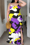 Sexy Camouflage Print Gradient Slit Contrast U Neck Printed Plus Size Dresses