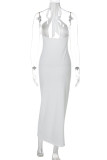 Sexy Solid Color Hollow Out Patchwork Backless O Neck Long Dresses