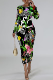 Elegant Floral Print Contrast O Neck Printed Dresses